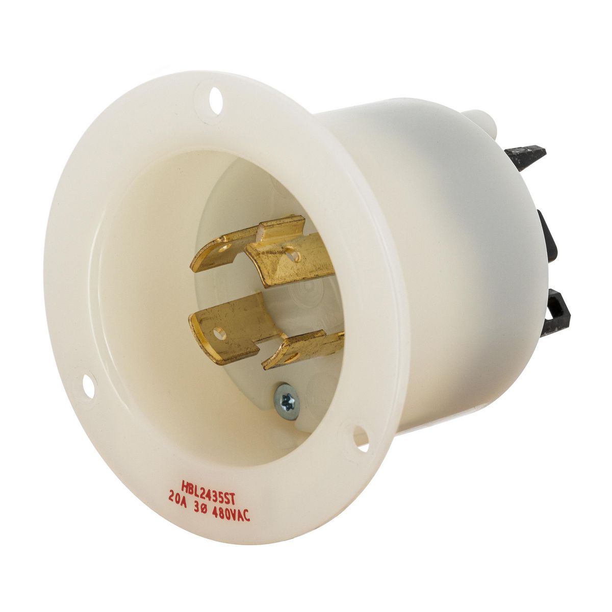 Hubbell HBL2435ST HBL Flanged Inlet Locking Devices, 480 VAC, 20 A, 3 Poles, 4 Wires, White